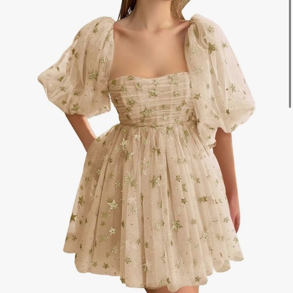 Dresses & Skirts - Elegant Starry Cream and Gold Baby Doll Dress